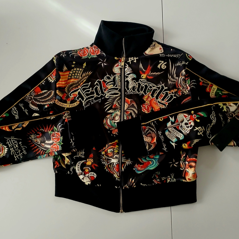 Ed Hardy Black Jacket with Red, Green, Yellow and White Tattoo Graphics